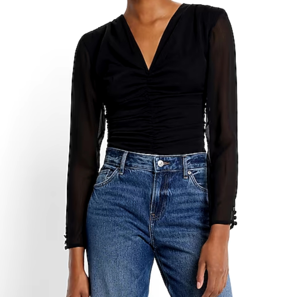 Express V-Neck Long Sleeve Ruched Front Top  Size M NWT